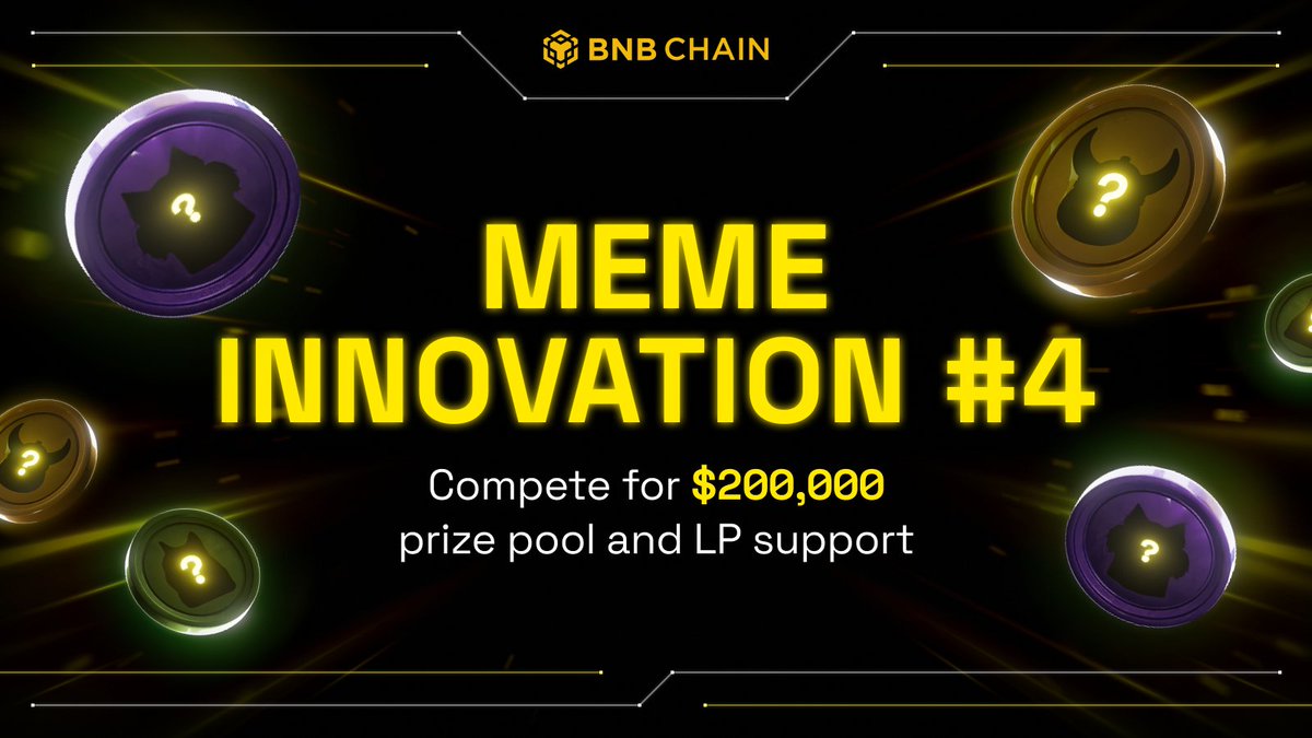 BNBCHAIN's tweet photo. Meme Innovation #4 Round 1 is now live! 👀 

Launch your memecoin and win a share of a $200K prize pool &amp; up to $100K in LP support for memecoins.

Submit your project below 👇 
https://t.co/dSZN7JxHUY https://t.co/XTZPfPO7lY