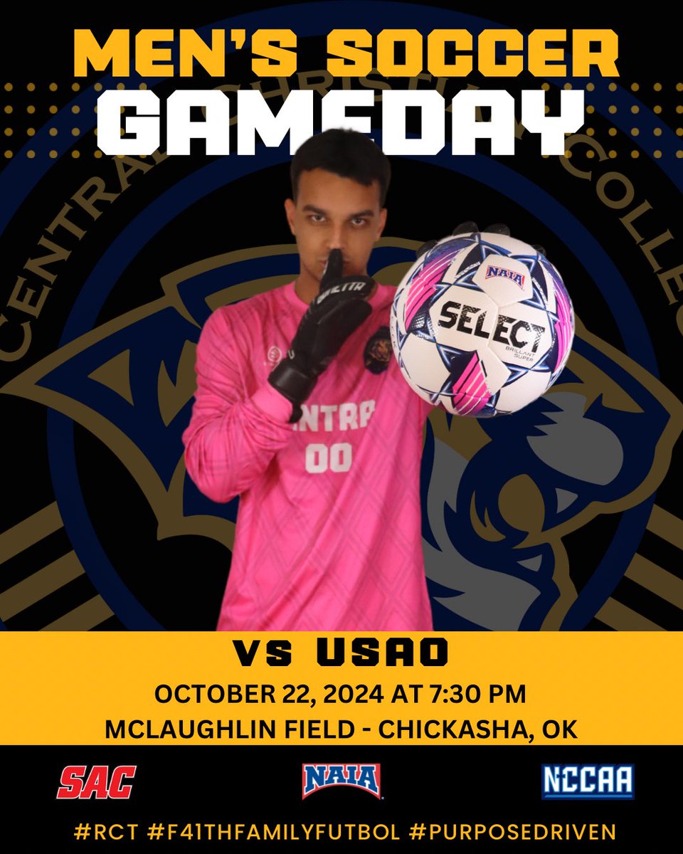It’s a SAC Conference Match Day!
📆 Tuesday October 22, 2024
🆚 vs. USAO 
⏰ 7:30 PM
🏟️ McLaughlin Field
📍 Chickasha, OK
sacsportsnetwork.com/usao
#RCT #F41thFamilyFutbol #PurposeDriven