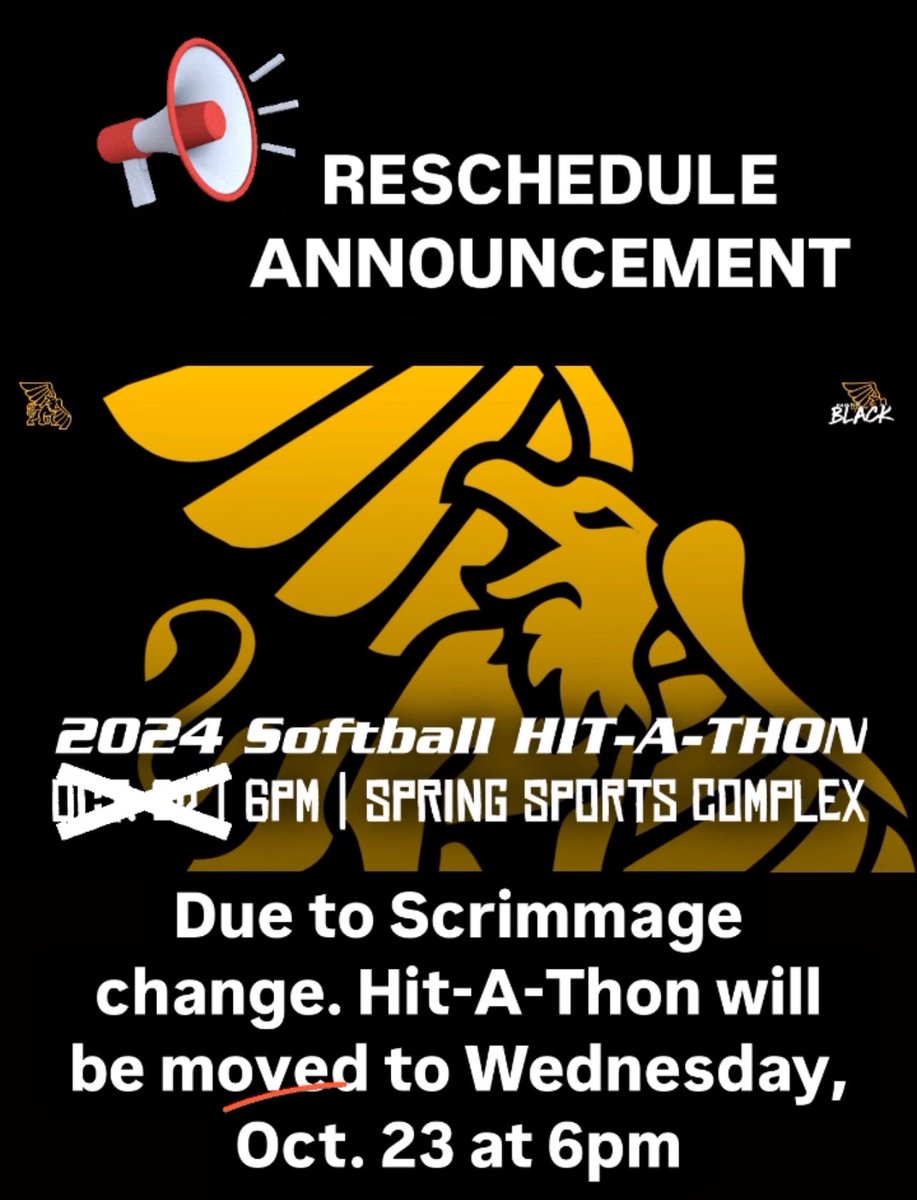 Due to a Scrimmage change. Our Hit-a-Thon is being rescheduled to Wednesday. Hope to see you out at the field. You also still have time to make a pledge or donation. Don’t forget 10 swings for $10.