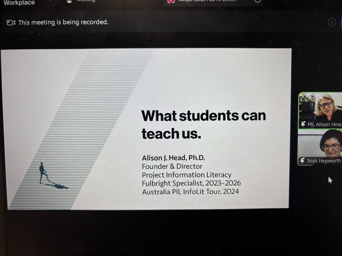 Paul Jewell (@pdjewell) on Twitter photo #PILTour2024 is finally here!
Project Information Literacy: what students can teach us
So excited to hear <a href="/alisonjhead/">Alison J. Head</a> from <a href="/ProjectInfoLit/">Project Information Literacy</a> talk at the fist #PILInfoLitTour stop in Canberra with <a href="/ALIANational/">ALIA</a>
#InfoLit #Research #Libraries #PILTour2024 is finally here!
Project Information Literacy: what students can teach us
So excited to hear <a href="/alisonjhead/">Alison J. Head</a> from <a href="/ProjectInfoLit/">Project Information Literacy</a> talk at the fist #PILInfoLitTour stop in Canberra with <a href="/ALIANational/">ALIA</a>
#InfoLit #Research #Libraries