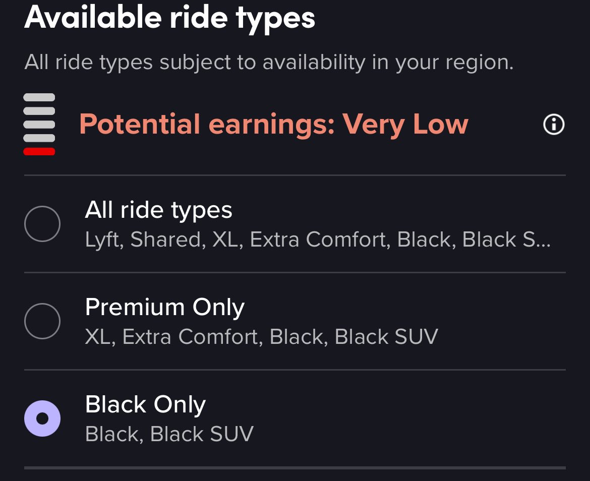 JayNyde's tweet photo. @lyft how about you change how we select our ride types! No reason for XL and Comfort to be grouped together! 

Maybe my cancel and acceptance rates would improve. Shouldn't have to decline 25 comforts while waiting for an XL, Black or Black SUV ride to come through. https://t.co/dU4bZFVNmn