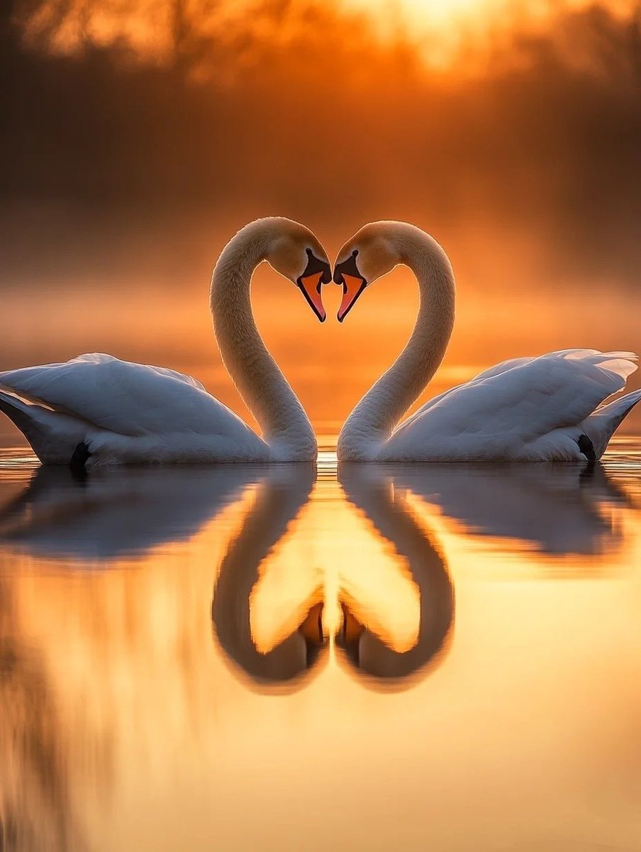 天鹅之恋，心灵的交汇
在日落时分，两只天鹅面对面，优雅的脖子交织成一个敞开心扉的象征。
它们深情地对视，仿佛在诉说着无声的誓言，水面完美地反射出这份美好。让我们像这对天鹅一样，勇敢地展现爱，敞开心扉，迎接生活中的每一份温暖与美好！#天鹅之恋