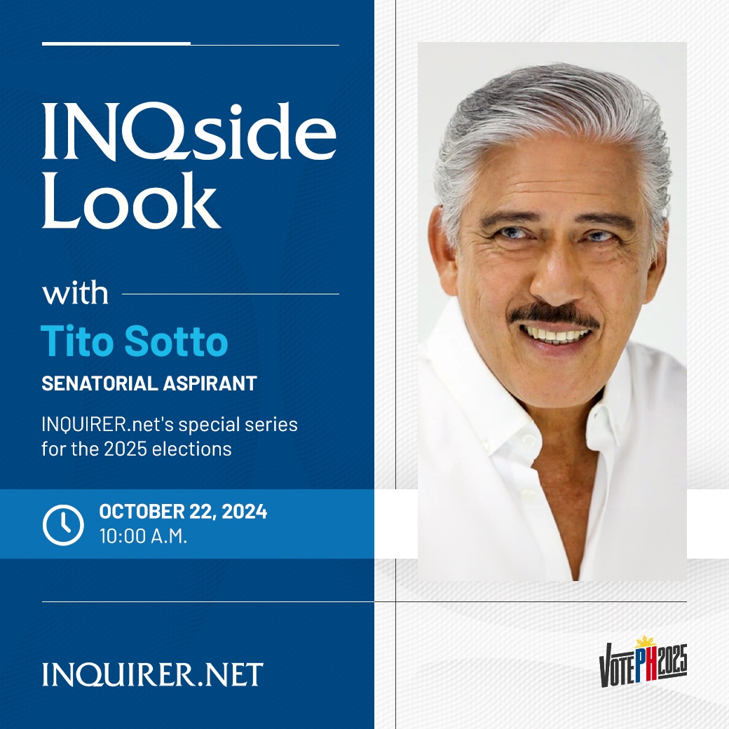 inquirerdotnet's tweet photo. Watch our live #INQSideLook with senatorial aspirant, former Senate President Tito Sotto today, Oct. 22. #VotePH
💻 https://t.co/wCVKytsqEx
📱 https://t.co/5srHfu9UWH https://t.co/40Vdl0edbM
