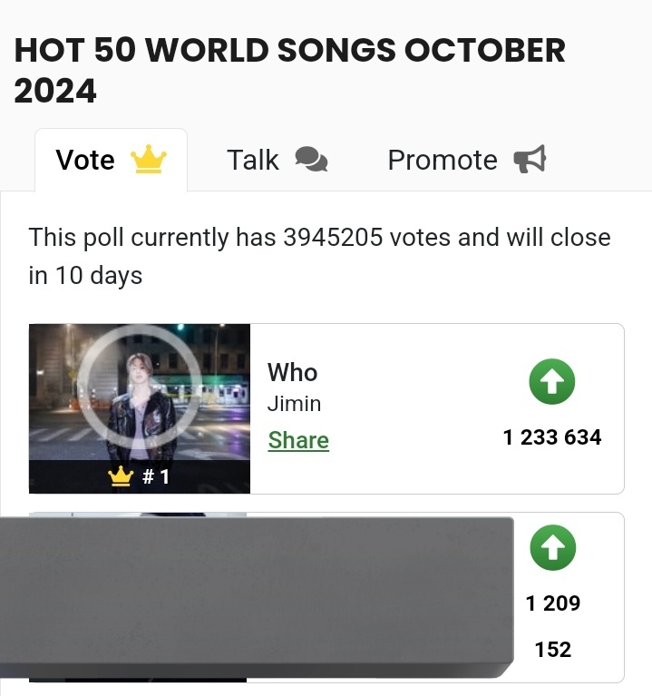 🚨🚨🚨
🗳 Kingchoice_HOT 50 WORLD SONGS OCTOBER 2024(10/31) 🆕

➡️ JIMIN 1️⃣ please vote 🆘

Please vote #WHO from #JIMIN

📍kingchoice.me/hot-50-world-s…

✅Annotation ⬆️ 3 voices 
✅to vote again ,exit through SNS 
✅voting every 30 minutes 

⏰~10/31 23:59

#JIMIN #ParkJimin
#지민