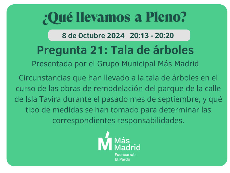 MasfuencarralE's tweet photo. Circunstancias que han llevado a la tala de árboles en el curso de las obras de remodelación del parque de la calle de Isla Tavira durante el pasado mes de septiembre, y qué tipo de medidas se han tomado para determinar las correspondientes responsabilidades. https://t.co/brBgstPjRa