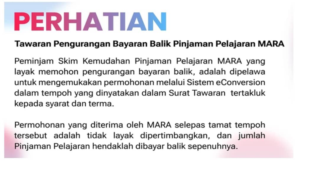 _BKK_Official's tweet photo. Tawaran Pengurangan Bayaran Balik Pinjaman Pelajaran MARA https://t.co/rq9lWKgMvV