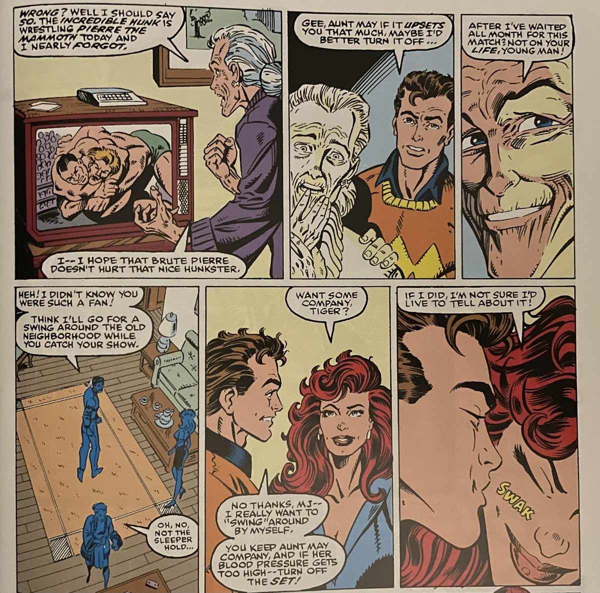 Riddelluminati's tweet photo. Aunt May the wrestling mark. (from Amazing Spider-Man 353, Nov. 1991) https://t.co/UCfYp9UZHz