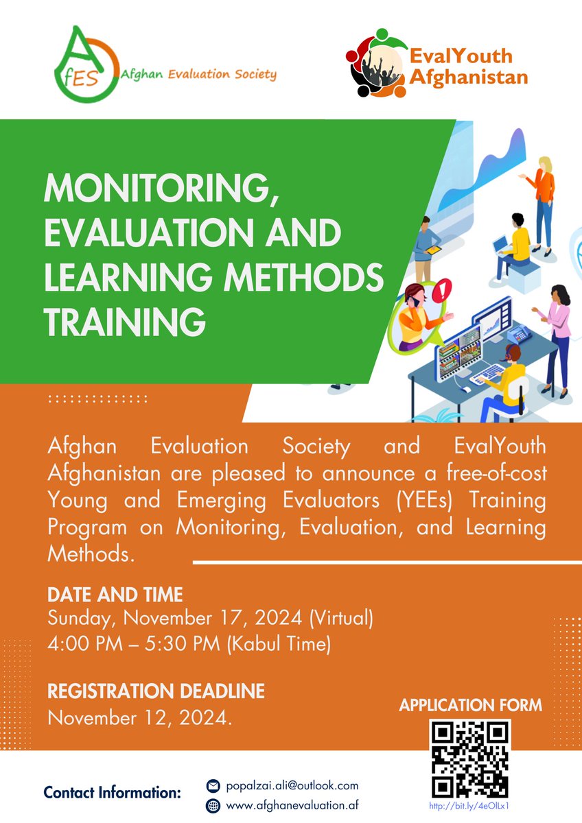 Afghan_Eval's tweet photo. AfES &amp; @EY_Afghanistan are pleased to announce Virtual Training Program on Monitoring, Evaluation and Learning Methods.

Register by 12 November:
https://t.co/xjO7Gn3Cny

Time &amp; Date:
Nov 17, 2024 from 4pm - 5:30pm Kabul time. https://t.co/fgUxWK37eD