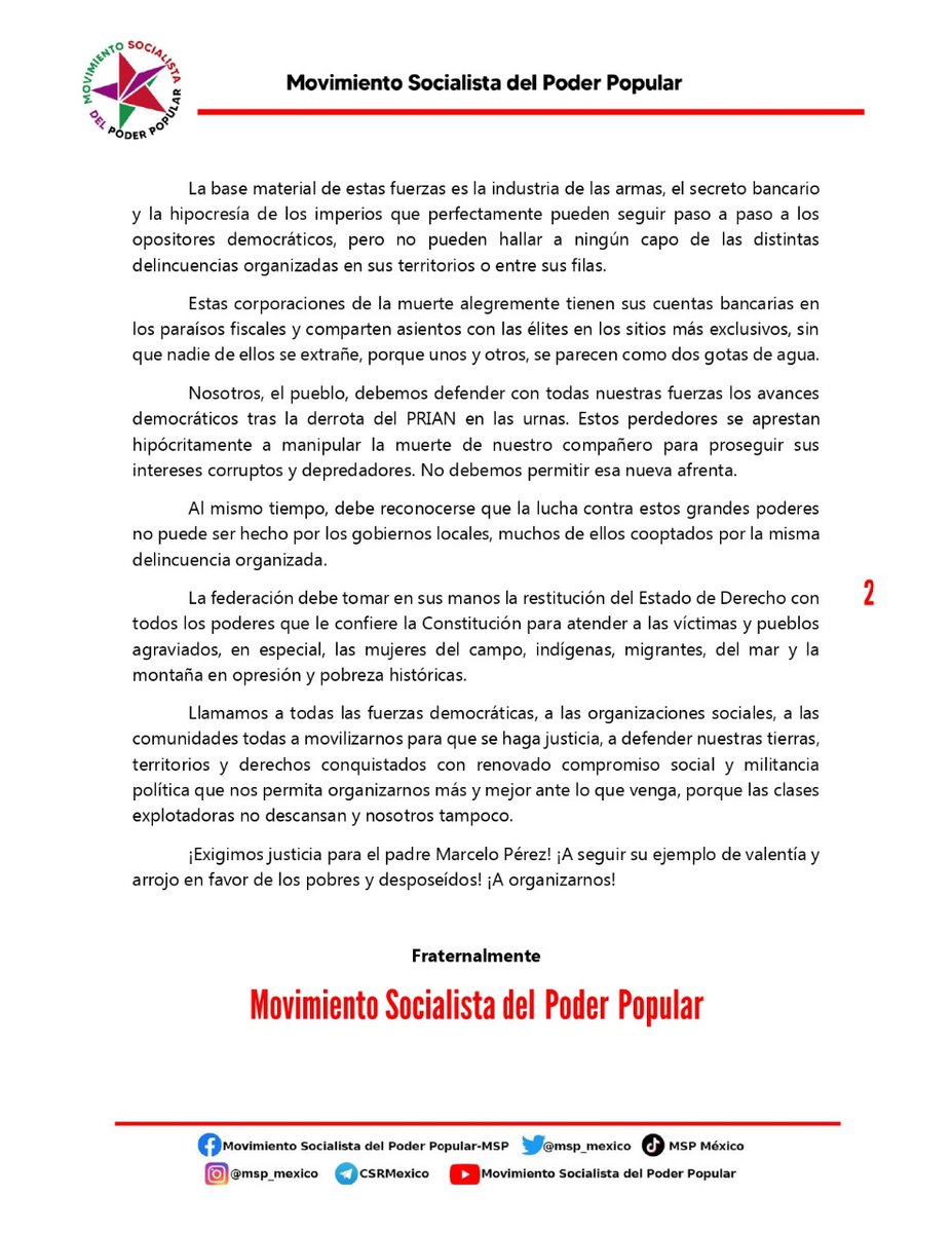 ¡Alto a la violencia en Chiapas!
¡Justicia ante el asesinato
del padre Marcelo Pérez!

¡Exigimos justicia para el padre Marcelo Pérez!
 ¡A seguir su ejemplo de valentía y
arrojo en favor de los pobres y desposeídos!
 ¡A organizarnos!