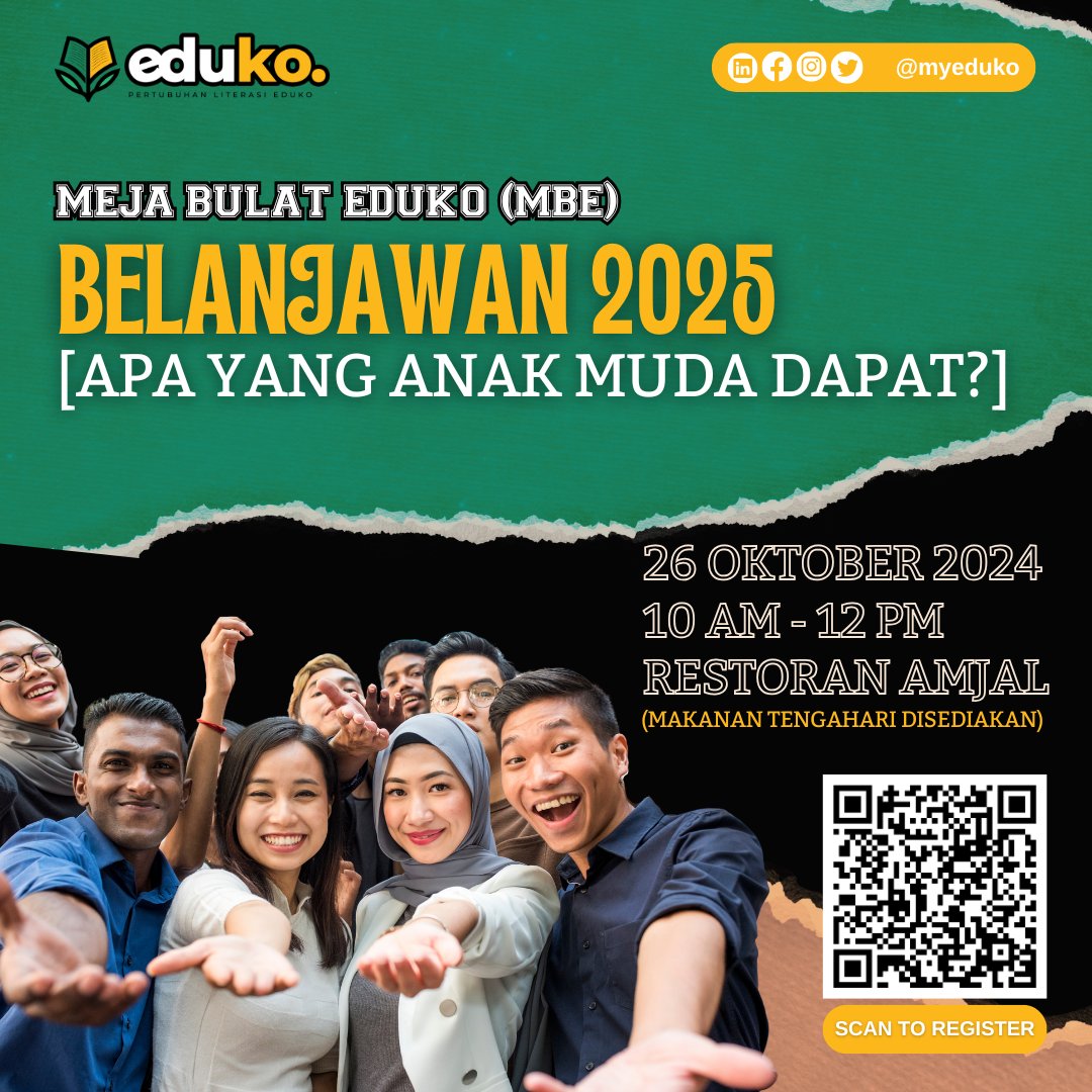 myeduko's tweet photo. MEJA BULAT EDUKO (MBE) | Belanjawan 2025: Apa Yang Anak Muda Dapat?

Tarikh: 26 Oktober 2024
Masa: 10:00pagi - 12 tengah hari 
Lokasi: Restoran Amjal, Petaling Jaya

Daftar di pautan berikut 👉 https://t.co/SmN8phqeLN (Tempat adalah terhad) https://t.co/9K6m0WLSEW
