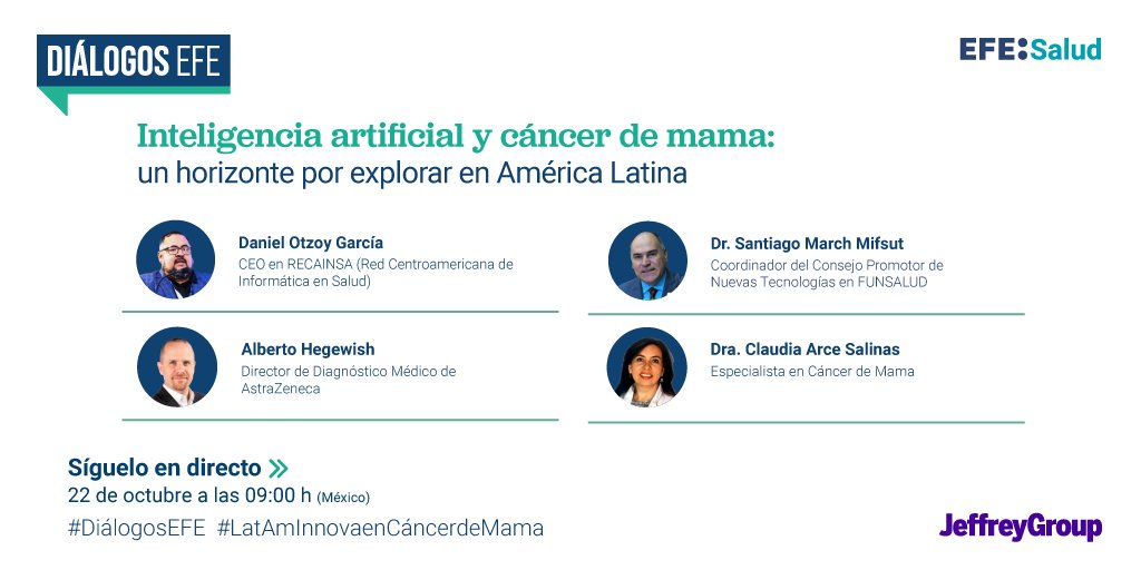EFEnoticias's tweet photo. ❓ ¿Qué impacto tendría el acceso a herramientas de IA en la reducción de la mortalidad por cáncer de mama en América Latina?  

Lo analizamos en una nueva edición de #DiálogosEfe: "Inteligencia Artificial y Cáncer de Mama: Un horizonte por explorar en América Latina"

📅 22 OCT 09:00h (México)

📡 En directo: https://t.co/WmsRERnGJZ

#LatAmInnovaenCáncerdeMama