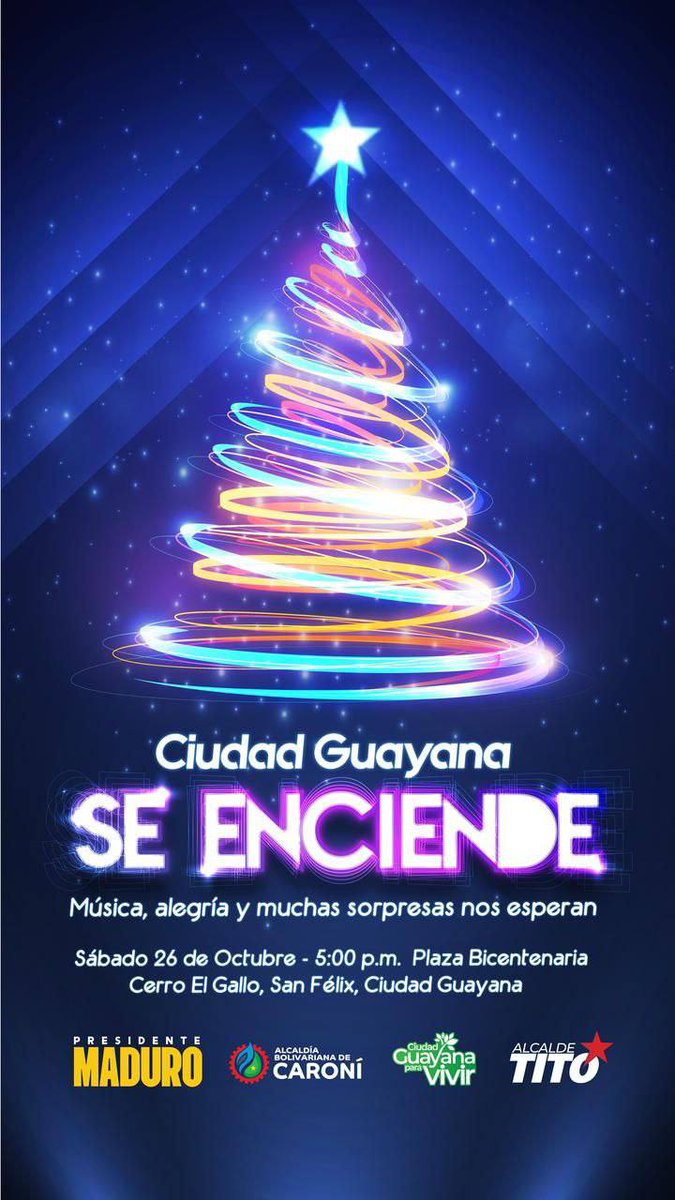 ¡Te esperamos para encender el espíritu navideño  en la Plaza Bicentenaria! 

Vamos a celebrar la esperanza, la alegría y el amor que nos une. Ven a disfrutar en familia y amigos.
#CiudadGuayanaParaVivir

<a href="/OviedoPSUV/">Tito Oviedo</a> 
<a href="/MSV_CaroniOfic/">MOVIMIENTO SOMOS VENEZUELA CARONI</a>