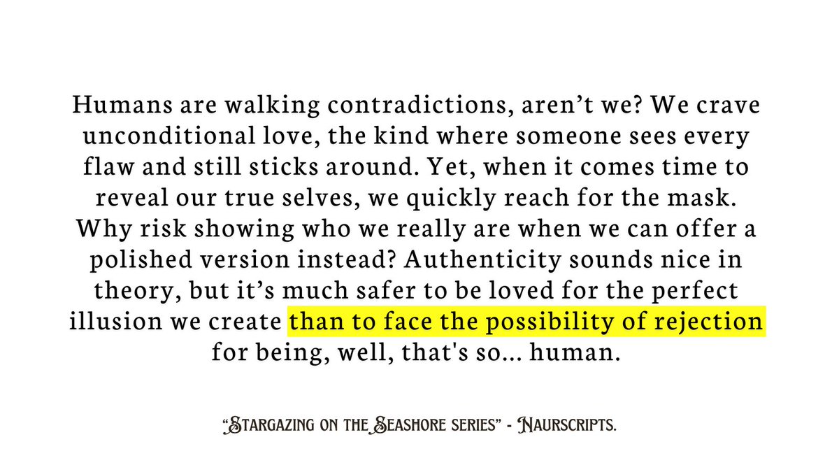 naurscripts's tweet photo. humans are a paradox. we want to be loved for who we are while being terrified to show our true selves

© naurscripts https://t.co/sM293IW7qP