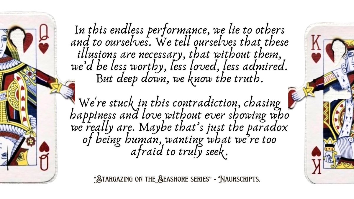 naurscripts's tweet photo. humans are a paradox. we want to be loved for who we are while being terrified to show our true selves

© naurscripts https://t.co/sM293IW7qP