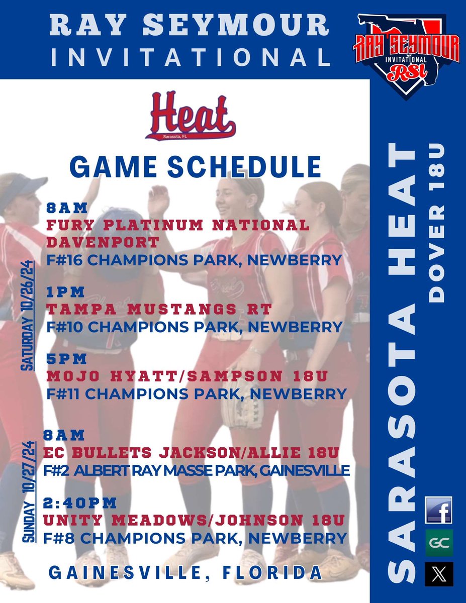 I’m excited to get back with <a href="/SarasotaHeat18U/">Sarasota Heat Dover</a> this weekend at the Rey Seymour Invitational in Gainesville, Florida. We’re ready to come play the hardest we ever have. You can view our schedule below!
<a href="/FSU_Softball/">Florida State Softball 🥎</a> <a href="/UCF_Softball/">UCF Softball</a> <a href="/GatorsSB/">Gators Softball</a> <a href="/USFSoftball/">USF Softball</a> <a href="/DukeSOFTBALL/">Duke Softball</a> <a href="/FGCU_Softball/">FGCU Softball</a>