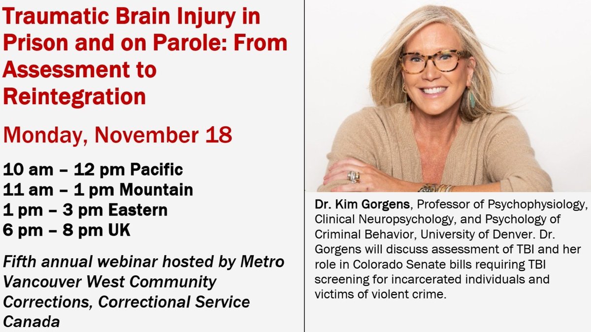 Excited to have Dr. Kim Gorgens as a panelist for our webinar on traumatic brain injury in corrections! She'll cover assessment issues and her work on Colorado Senate bills requiring TBI screening for incarcerated individuals and crime victims. Register: tbi-prison-parole.eventbrite.com