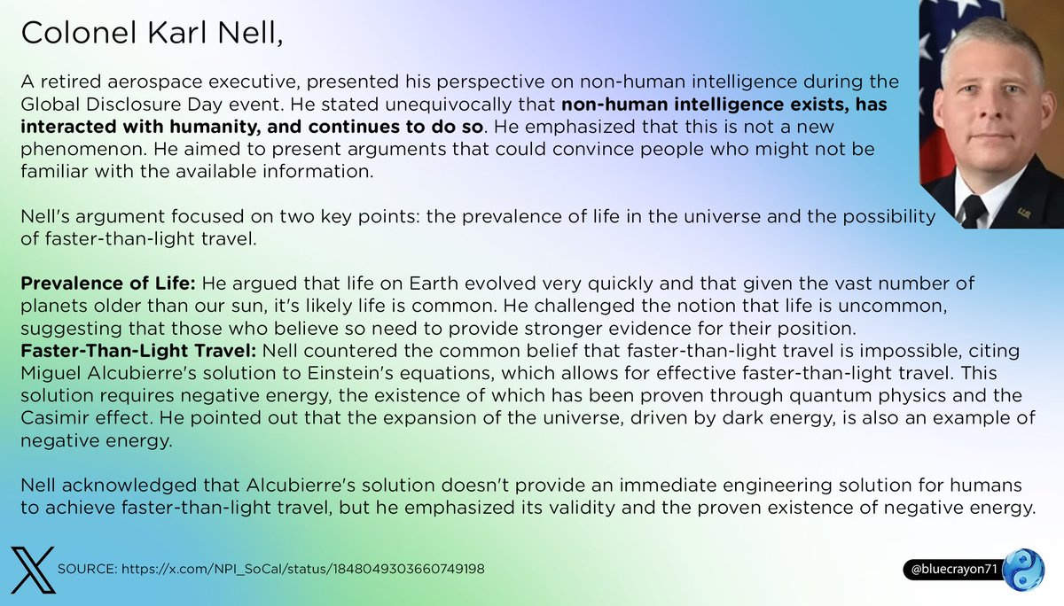 bluecrayon71's tweet image. Colonel Karl Nell - &quot;non-human intelligence exists, has 
interacted with humanity, and continues to do so&quot;

#fasterthanlighttravel #globaldisclosureday #aerospace #NHI