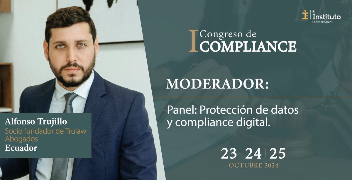 Alfonso Trujillo <a href="/lfonsotrujillo/">Alfonso Trujillo</a> , Socio fundador de Trulaw Abogados, será el moderador del panel: “Protección de datos y compliance digital”, en el I Congreso de Compliance.

Más información y registro en: elinstituto.io/cc24
 
 #Compliance #DerechoCorporativo #Regulación