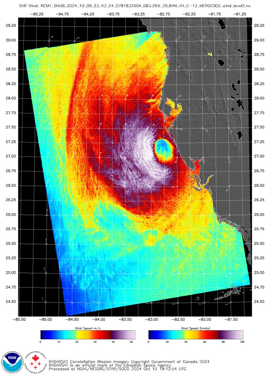 rahul_geoai's tweet photo. Check out Synthetic Aperture Radar (SAR) data capturing the intense winds of #HurricaneMilton as it made landfall in Florida! Spaceborne SAR helps estimate surface winds over ocean with incredible detail.
#HurricaneMilton #RemoteSensing #SARdata #EarthObservation #SatelliteData https://t.co/Sqi41DE4T3