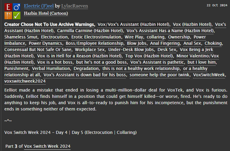 LylacRaeven's tweet photo. I'm so sorry for the delay, but hey, better late than never, right? 

My fic for Days 4 and 5 of the #VoxSwitchWeek 
 – Electrocution | Collaring with top!Vox. This time with a new ship! 📺⚡️

https://t.co/pv6Wx800OF

#Voxistant #StaticEel #VoxSwitchWeek2024 #HazbinHotelVox https://t.co/n0vs2a4Q5Y