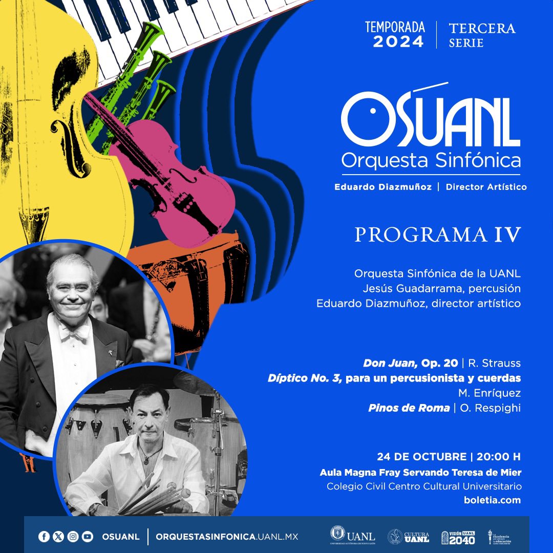 Este jueves nuevamente estaremos en el Aula Magna de <a href="/Colegio_Civil/">Colegio Civil UANL</a> 

Escucharemos 𝐃𝐢́𝐩𝐭𝐢𝐜𝐨 𝐍𝐨. 𝟑 𝐝𝐞 𝐄𝐧𝐫𝐢́𝐪𝐮𝐞𝐳, ‘𝐃𝐨𝐧 𝐉𝐮𝐚𝐧’ 𝐝𝐞 𝐒𝐭𝐫𝐚𝐮𝐬𝐬 y ‘𝐏𝐢𝐧𝐨𝐬 𝐝𝐞 𝐑𝐨𝐦𝐚’ 𝐝𝐞 𝐑𝐞𝐬𝐩𝐢𝐠𝐡𝐢. 

24 de octubre - 20 h 
Boletos en bit.ly/Pr4_percuss