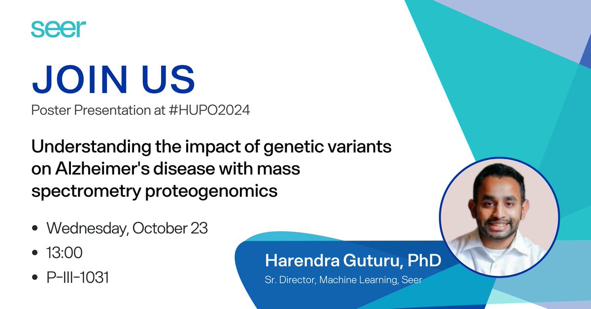 seer_bio's tweet photo. At @hupo_org #HUPO2024: We invite you to join Harendra Guturu's, PhD, poster presentation: Understanding the impact of genetic variants on Alzheimer's disease with mass spectrometry proteogenomics. Date: October 23. Time: 13:00. P-III-1031.​ #Proteograph https://t.co/Gh62pr1I1j https://t.co/LzlsA24Uc6