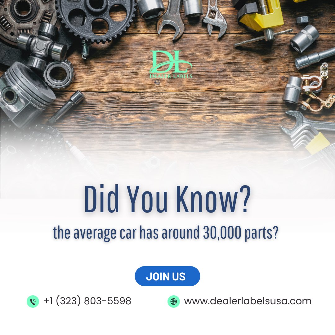 DealerLabels's tweet image. Did you know that the average car has around 30,000 parts? Every piece working in harmony to get you from point A to point B. #AutoDealerships #BuyersGuides #dealershiptools #dealerlabels #paperlessdealership #carsofusa #automotiveIndustry #dealerlabelsusa #usaautodealers