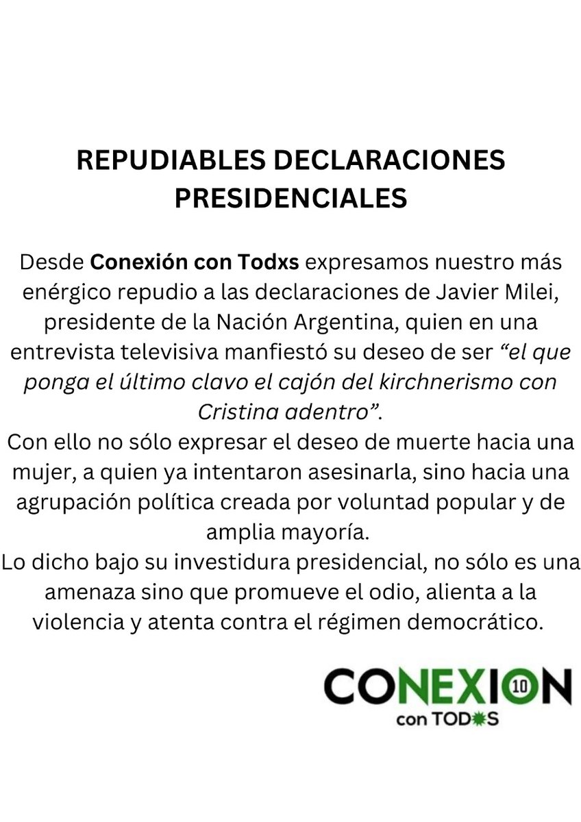 Repudiamos los dichos del presidente Javier Milei contra <a href="/CFKArgentina/">Cristina Kirchner</a>.

Expresiones como éstas, sólo promueven odio y mayor violencia.
