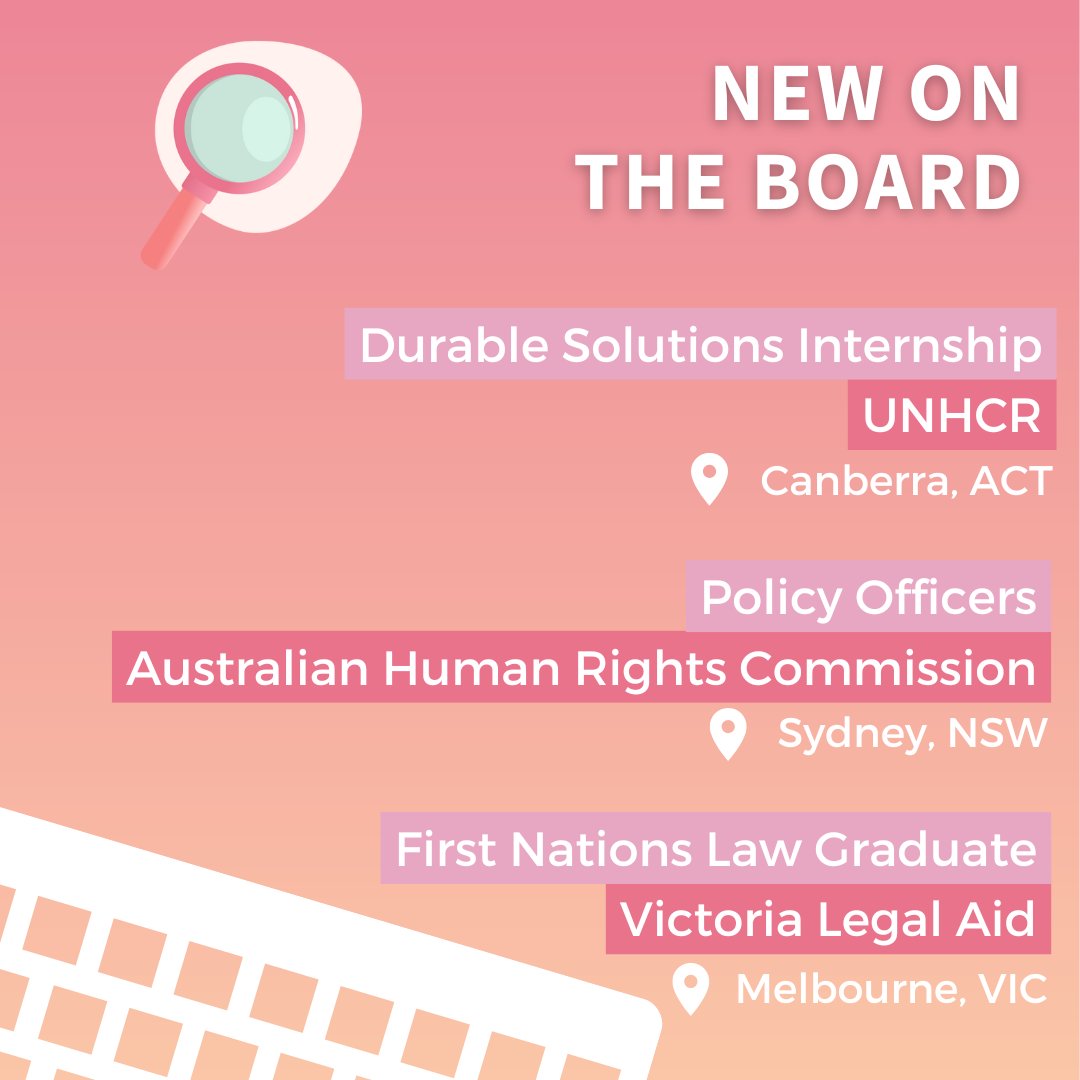 Check out some of the exciting new opportunities featured on our jobs board this week👇

<a href="/UNHCR_AusNZPac/">UNHCR Australia, New Zealand & Pacific</a>, Canberra, ACT
<a href="/AusHumanRights/">Australian Human Rights Commission</a>, Sydney, NSW
<a href="/VicLegalAid/">Victoria Legal Aid</a>, Melbourne, VIC

Click here to find out more: sjopps.net.au.