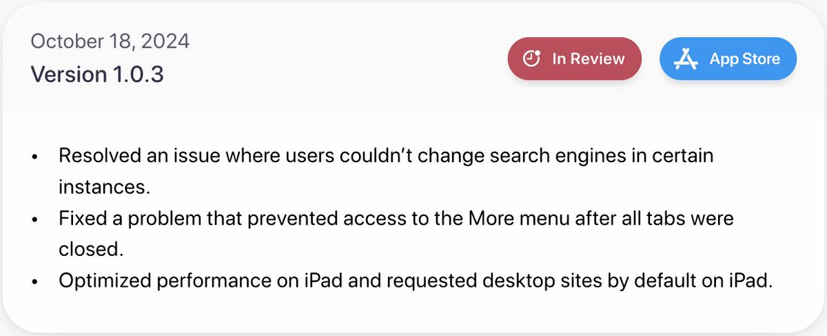 QuettaBrowser's tweet image. 🚀 New iOS Update!
1⃣️Fixed an issue where users couldn&apos;t change search engines in some cases
2⃣️Resolved a bug preventing access to the More menu after closing all tabs
3⃣️Improved iPad performance &amp;amp; set desktop sites as default on iPad!
 #QuettaBrowser #BetterBrowsing