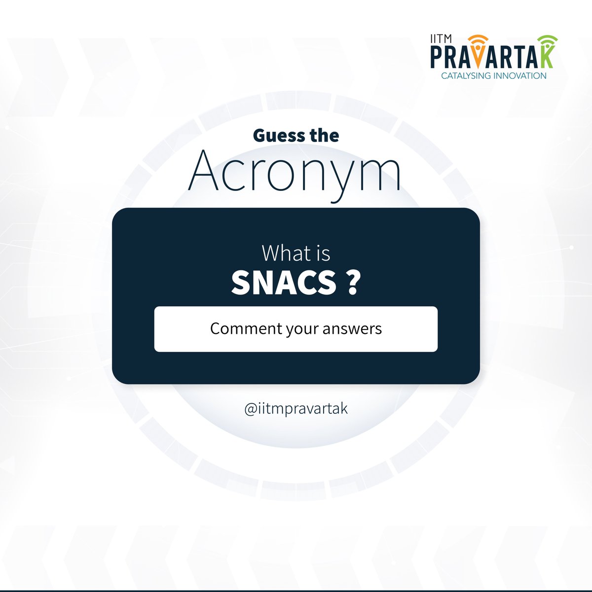 IITMPravartak's tweet image. Ready for a challenge?
We’re diving into the world of SNACS! 
Can you guess what it stands for? Drop your guesses in the comments below!
Let’s see who can crack the code!

@iitmadras @IndiaDST #IITMPravartak #ReadyforChallenge #Guess #SNACS #startups #Innovations #technology