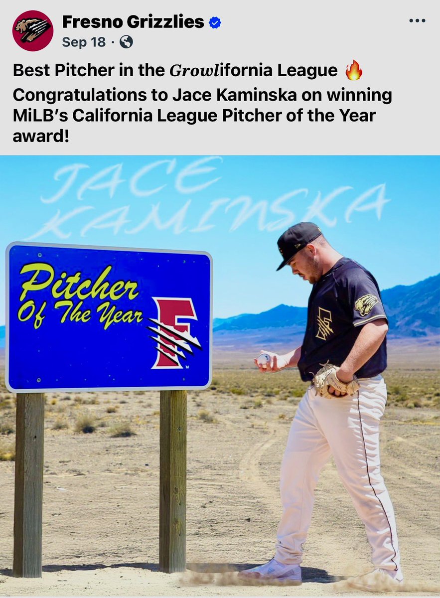 Mitchel Simons (@solosportsmgt) on Twitter photo Congratulations to <a href="/JaceKaminska/">Jace Kaminska</a> for being named Best Pitcher in the California League! Proud of you Big man!
<a href="/FresnoGrizzlies/">Fresno Grizzlies</a> Congratulations to <a href="/JaceKaminska/">Jace Kaminska</a> for being named Best Pitcher in the California League! Proud of you Big man!
<a href="/FresnoGrizzlies/">Fresno Grizzlies</a>