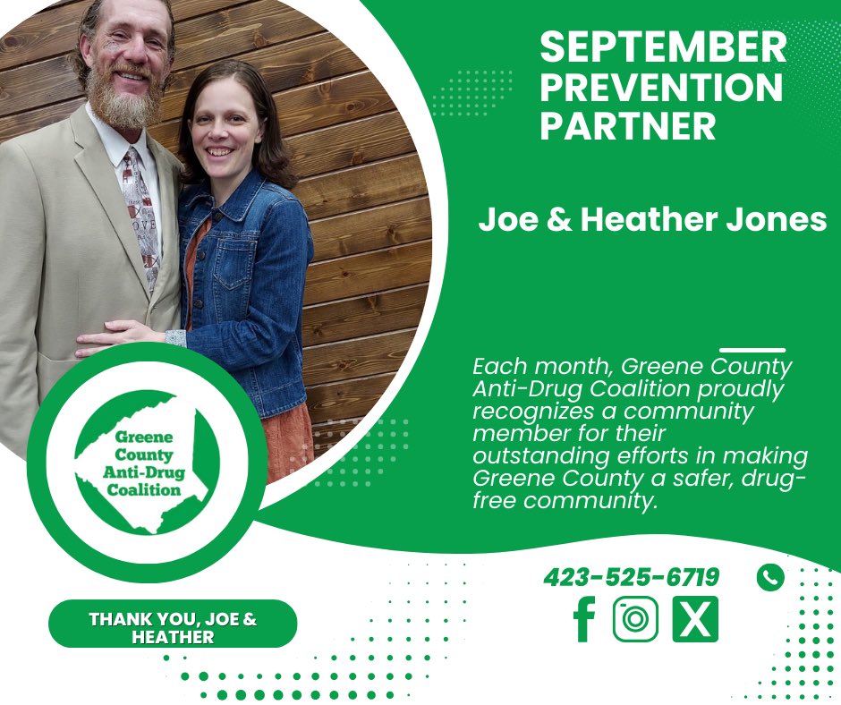Congratulations to Joe and Heather Jones for being named The Greene County Anti-Drug Coalition’s September Prevention Partner of the Month! #gcadc