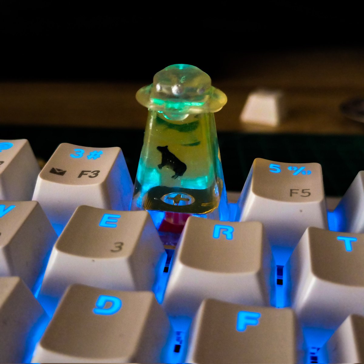 keycapfk's tweet image. 昨日からいろいろ試した結果、気泡をほぼなくすことに成功！
牛の大きさも調整して浮遊感より出してみたよ🐮👽️

UFOの光線のいろは赤青黄の三色を予定
#キーキャップ #アブダクション #キャピタライゼーション