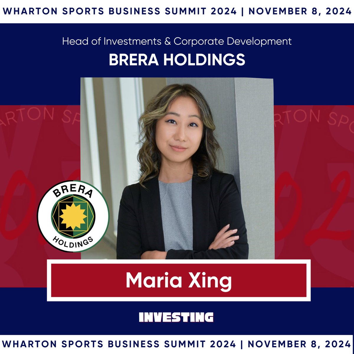 WhartonUSBC's tweet photo. Introducing Maria Xing, Head of Investments &amp; Corporate Development at Brera Holdings! 📈⚽️ Join us at the Wharton Sports Business Summit to hear her insights on investing in global sports. Get your tickets now! 🎟️ https://t.co/4PAE4Rcy9S

#wsbsummit2024 https://t.co/mmTKYtpxF7