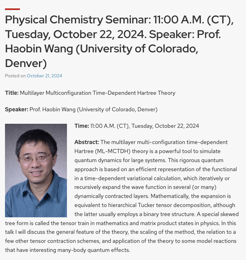 TCI UW-Madison (@tci_uw_madison) on Twitter photo Our next Physical Chemistry seminar from Prof. Haobin Wang from University of Colorado Denver hosted by <a href="/MichelineSoley/">Micheline Soley</a>. He will speak about the Multilayer Multiconfiguration Time-Dependent Hartree Theory at 11 am, Oct 22 (tomorrow)! tci.chem.wisc.edu/2024/10/21/phy… Our next Physical Chemistry seminar from Prof. Haobin Wang from University of Colorado Denver hosted by <a href="/MichelineSoley/">Micheline Soley</a>. He will speak about the Multilayer Multiconfiguration Time-Dependent Hartree Theory at 11 am, Oct 22 (tomorrow)! tci.chem.wisc.edu/2024/10/21/phy…