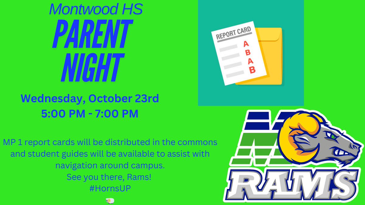 🚨 ATTENTION MHS RAM PARENTS 🚨 
Parent night will take place this Wednesday, October 23rd from 5:00 PM-7:00 PM. See you there! 
<a href="/MontwoodHS/">David Herrera</a> <a href="/mguerr03_MHS/">Mauro Guerrero</a> <a href="/MRivera_MHS/">Miguel A. Rivera</a> <a href="/ysolis_mhs/">Yolanda Solis</a> <a href="/mrlothamer/">Manny Lothamer</a> <a href="/ARomo_MHS/">Angelica Romo</a>