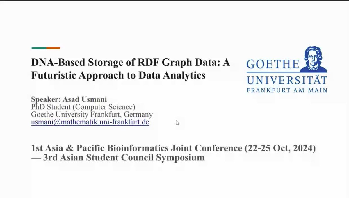 iscb_ascs's tweet photo. 🎉Welcoming Asad Usmani, as our 6th flash talk presenter at ASCS2024 Symposium with the topic: “DNA-Based Storage of RDF Graph Data: A Futuristic Approach to Data Analytics”🧬 📊🖥️

#APBJC2024 #ASCS2024  #Bioinformatics  #ComputationalBiology #StudentTalks #FlashTalks https://t.co/tszOrNKjb8