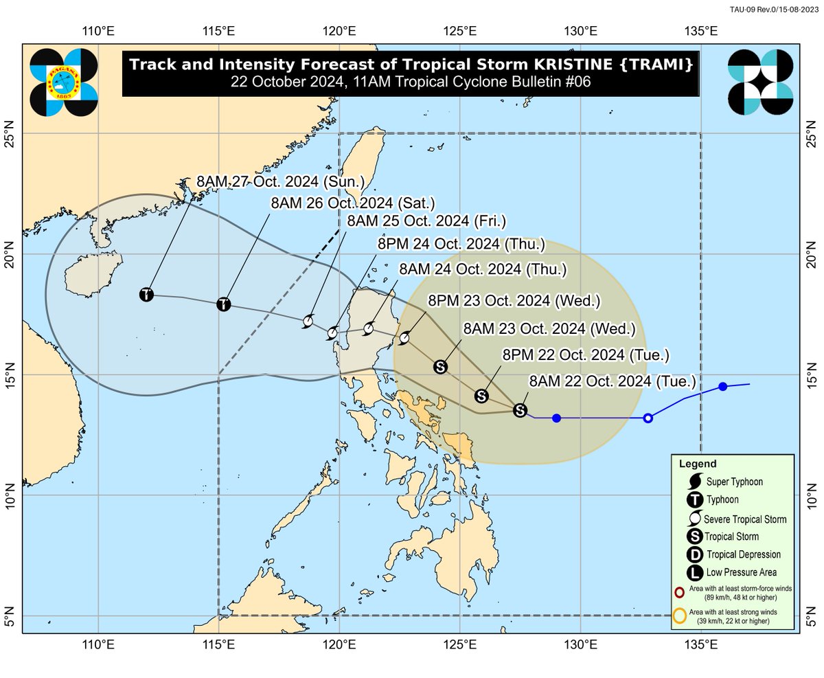 dost_pagasa's tweet photo. TROPICAL CYCLONE BULLETIN NR. 6
Tropical Storm #KristinePH (TRAMI)
Issued at 11:00 AM, 22 October 2024
Valid for broadcast until the next bulletin at 5:00 PM today.

“KRISTINE” MAINTAIN ITS STRENGTH OVER THE PHILIPPINE SEA EAST OF BICOL REGION.

Link: https://t.co/X3lk1MDMoK https://t.co/kehZHv9Ydd