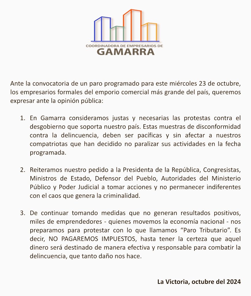 No todos en Gamarra quieren paralizar sus actividades económicas
Los empresarios apoyamos la protesta del miércoles, sin afectar el derecho de los demás.

<a href="/tromepe/">Diario Trome</a> <a href="/peru21noticias/">Perú21</a>
<a href="/atv_noticias/">ATV Noticias</a> <a href="/RPPNoticias/">RPP Noticias</a> <a href="/exitosape/">Exitosa Noticias</a> <a href="/canalN_/">Canal N</a> <a href="/Gestionpe/">Diario Gestión</a> <a href="/canalN_/">Canal N</a>
Aquí nuestro comunicado oficial: