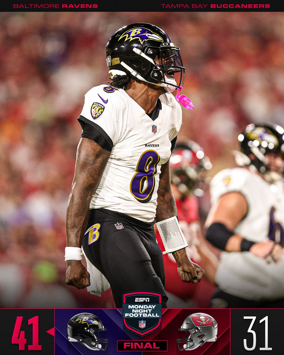 NFL (@nfl) on Twitter photo FINAL: Lamar's 5 TD passes lead the <a href="/Ravens/">Baltimore Ravens</a> to their fifth win! #BALvsTB FINAL: Lamar's 5 TD passes lead the <a href="/Ravens/">Baltimore Ravens</a> to their fifth win! #BALvsTB