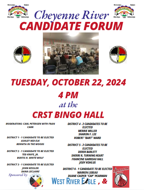 Piya Wicoicaga Luta/Red Generation, the West River Eagle, and KIPI Radio are sponsoring a #CRST #CandidateForum TOMORROW, Tuesday, October 22, 2024, at 4 pm at the CRST Bingo Hall! Hear what the candidates have to say about the issues before you cast your votes on #ElectionDay!