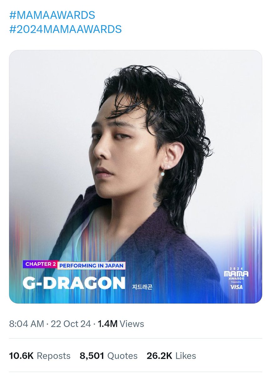 📣VAPES G-DRAGON is now the most liked and engaging Announced Artist to  perform on the upcoming 2024 MAMA AWARDS in less than 5hours 🐲 #GDRAGON  #지드래곤 #지디 @IBGDRGN, image size:866x1200
