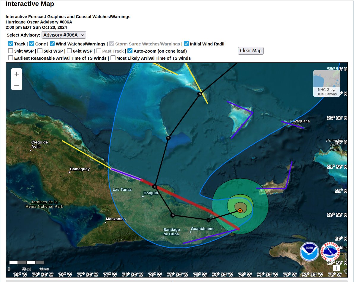 MikeChillit's tweet photo. #Oscar
The first grab is from yesterday during Advisory #006A at around 2PM.
The second one is a grab from now, Advisory #011. You can see where the center of circulation is on both (Orange dot). The city of Holguín is also marked in both. https://t.co/CXY4K8Zkqu