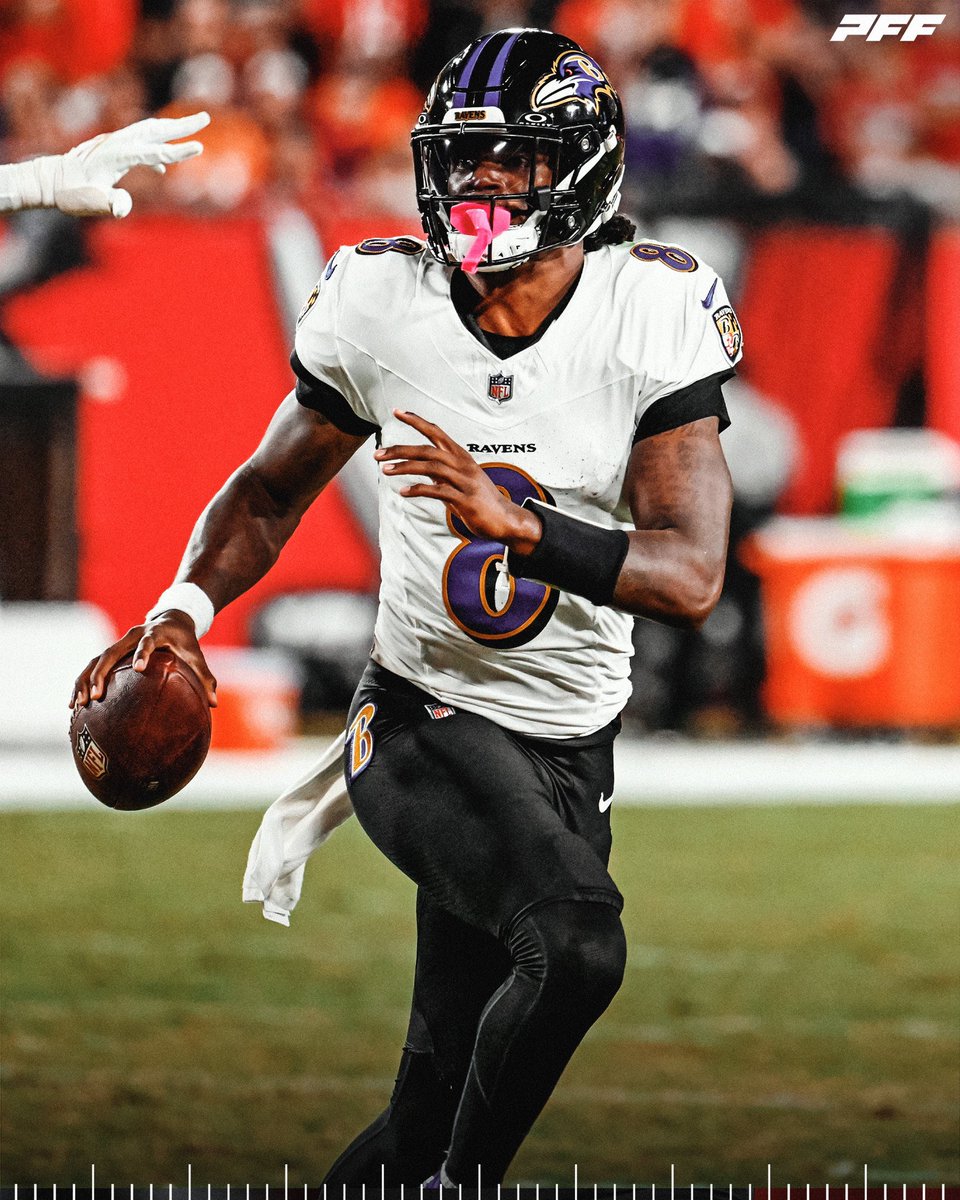 PFF's tweet photo. Lamar Jackson vs the Buccaneers’ blitz:

🎯 13/17
🎯 186 passing yards
🎯 4 passing TDs
🎯 0 INTs
🎯 151.0 passer rating https://t.co/jAfafbVPRZ