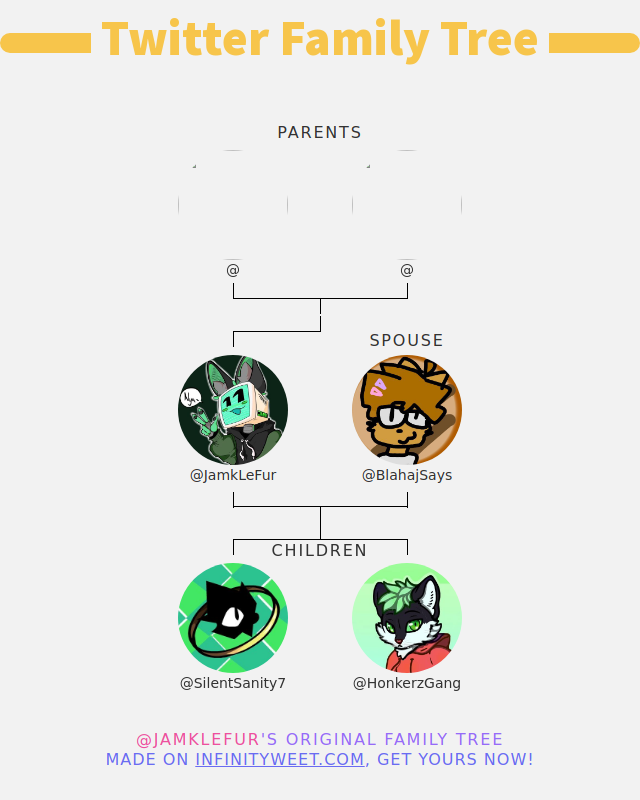 JamkLeFur's tweet photo. 👨‍👩‍👧‍👦 My Twitter Family:
👫 Parents: @ @
👰 Spouse: @BlahajSays
👶 Children: @SilentSanity7 @HonkerzGang

➡️ https://t.co/c8MFuYa54t https://t.co/APKTxFmybs