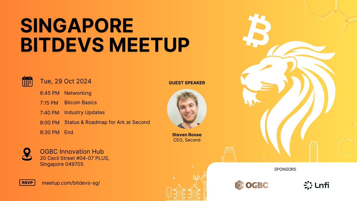 sgbitdevs's tweet image. SG #Bitcoiners! Join us for the #BitDevSG Oct session on the Status & Roadmap of Ark with our Guest speaker @stevenroose3 , CEO of Second.
📅Tues, 29 Oct 2024
RSVP: bit.ly/bitdevsg7
Join our Telegram: t.me/sgbitdevs