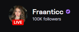 Fraanticc's tweet photo. WOW 100K on twitch!!!! It is crazy to think that in less than a year there are 100k of you supporting me. It has been a crazy journey but you guys have made my dreams come true and I appreciate you all more than you know. I cant wait to see what comes next.

 Thank you guys I love you all so much! ♥️