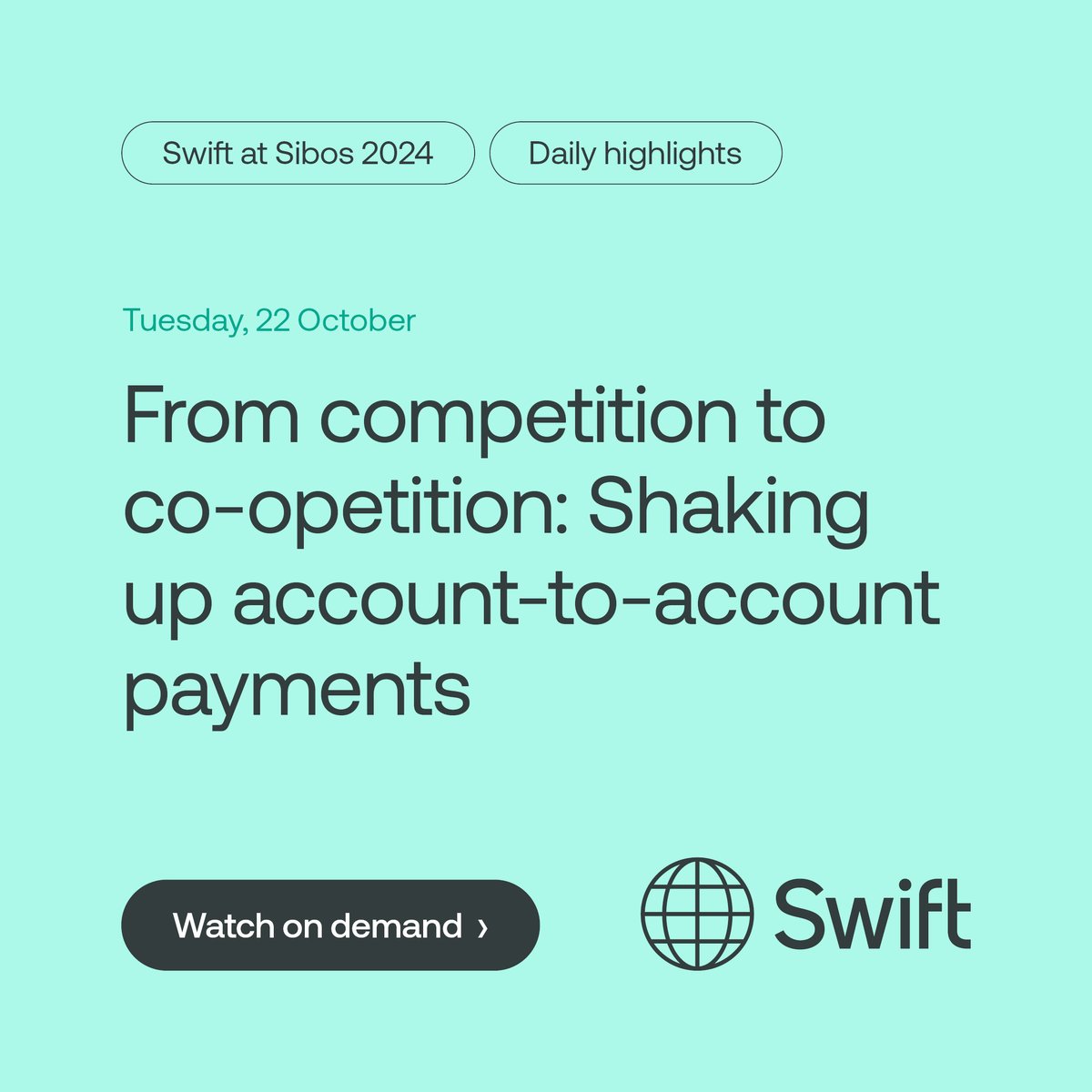 swiftcommunity's tweet image. ⚠️ Don’t miss ‘From competition to co-opetition: Shaking up account-to-account payments’ available on demand.

Learn how new business models and collaborative ways of working can improve payments for end-customers around the world.

📽️ sibos.com/conference/onl…

#swiftatsibos…