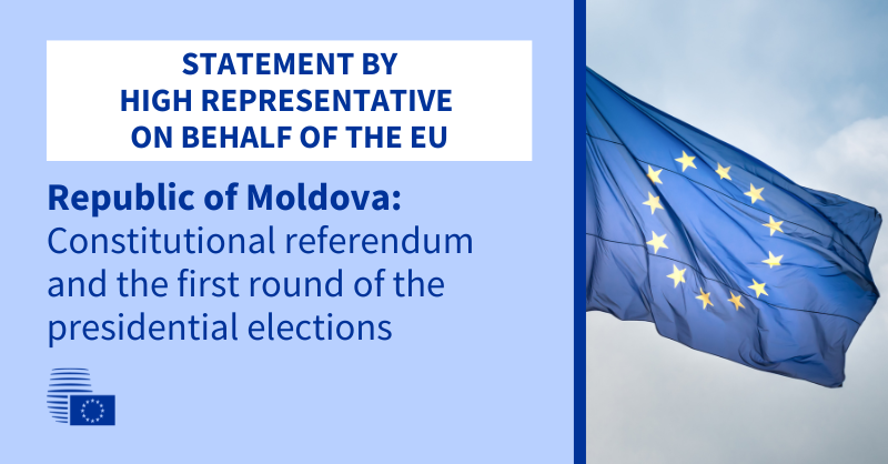 EUCouncilPress's tweet photo. Statement by @JosepBorrellF on behalf of the EU on the constitutional referendum and the 1st round of the presidential elections held in Moldova.

The EU welcomes the outcome of the referendum but condemns the unprecedented malign interference by Russia.

Read more 👇🏻